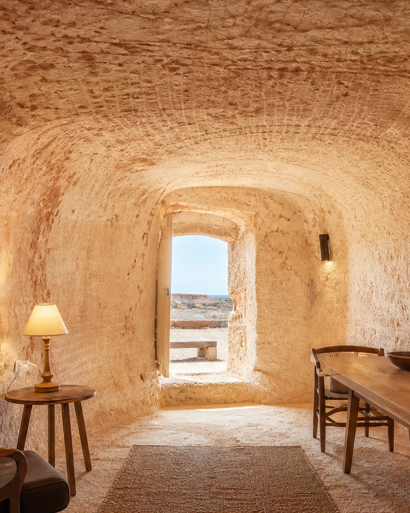 A living room carved into pale pink sandstone, lit by warm lamps